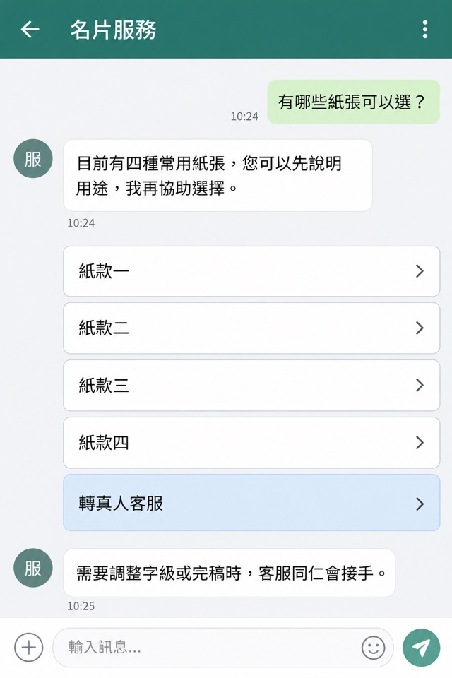 手機網頁上的名片客服對話，顯示紙款選項和轉真人客服